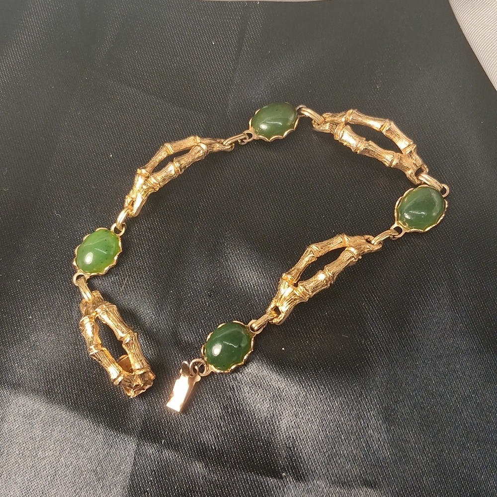 SOLD Vintage Hobe Stamped Nephrite Jade Gold Bamboo Bracelet, 7" Inches